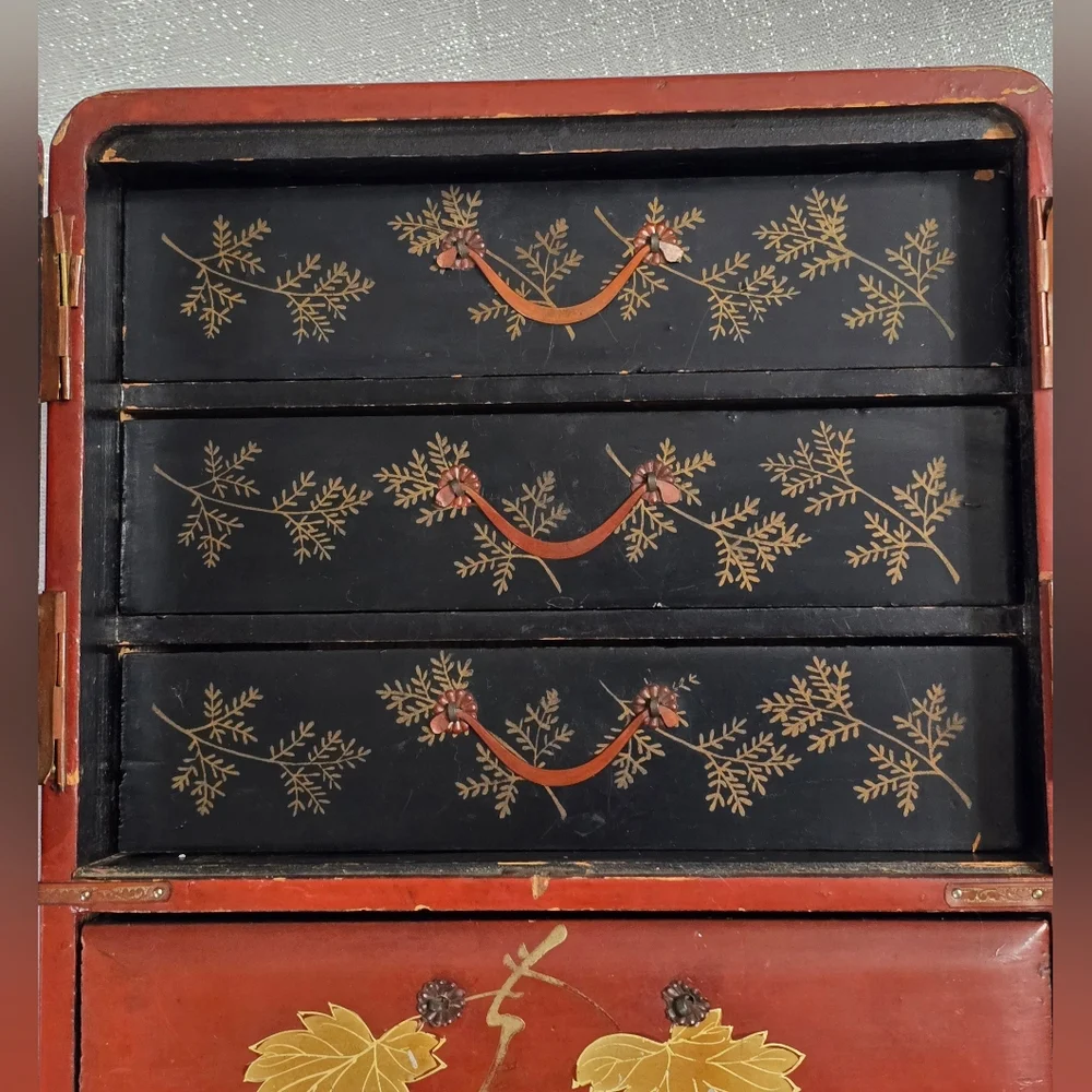 Vintage Japanese Wooden Table Cabinet Handpainted Floral & Bird Design Kodansu